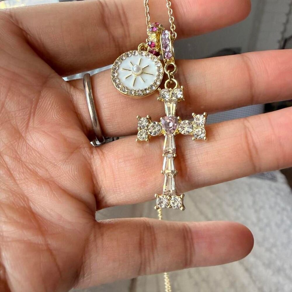Sparkly Multi Charm Cross Necklace Y2K Gold Layered CZ Pendant